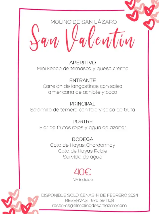 Menú de San Valentín 2024 del Restaurante Molino de San Lázaro