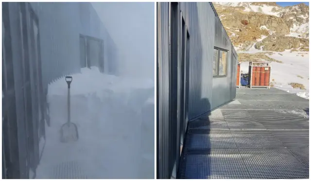 Dos imágenes del refugio de Cap de Llauset tras la nevada de principios de enero y en la actualidad.