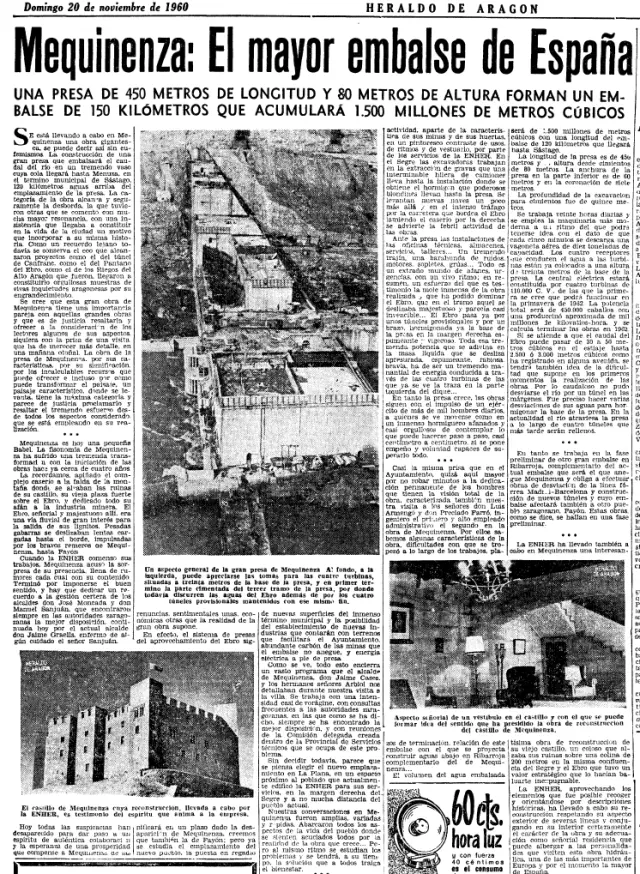 Página de Heraldo de Aragón de 1960 donde se recoge la construcción del embalse y la presa de Mequinenza.