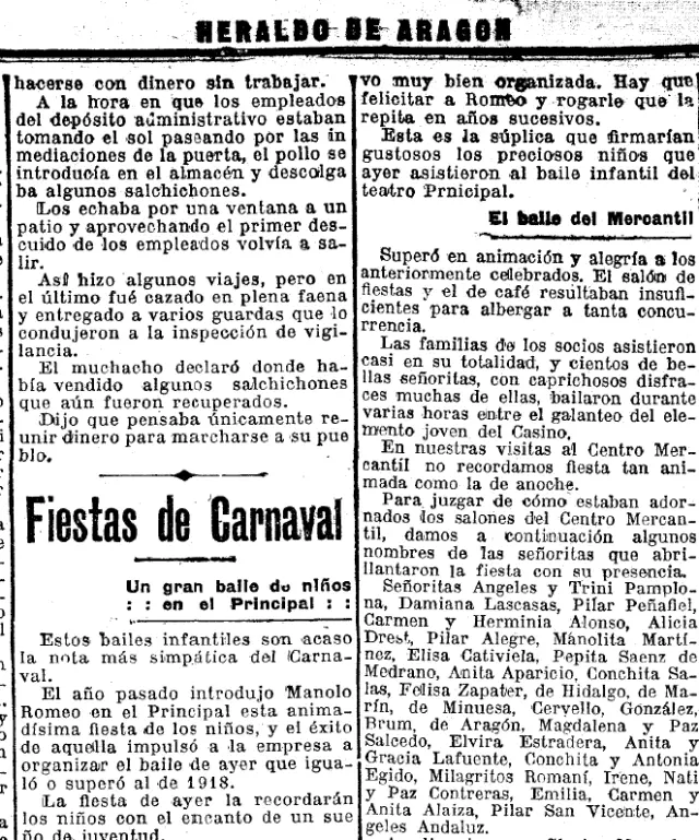 Crónica de una fiesta de Carnaval en Zaragoza recogida por HERALDO en 1919.