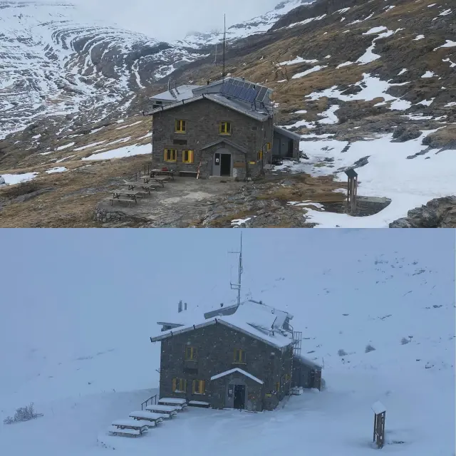 El refugio de Góriz, antes y después de la nevada.