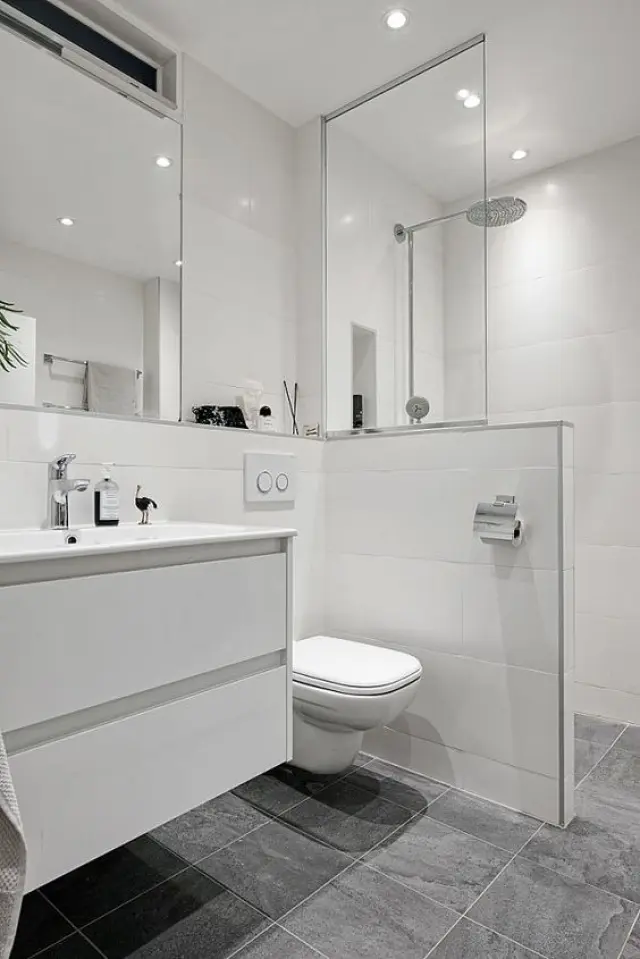Una ducha separada por un medio muro y un panel de cristal.