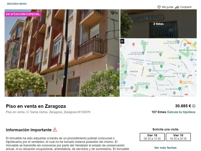 Anuncio en Solvia de una vivienda a la venta en Zaragoza que no tiene dueño.