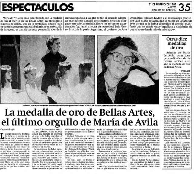 Entrevista a la bailarina María de Ávila en HERALDO al recibir la Medalla de Oro al Mérito en las Bellas Artes en 1989.