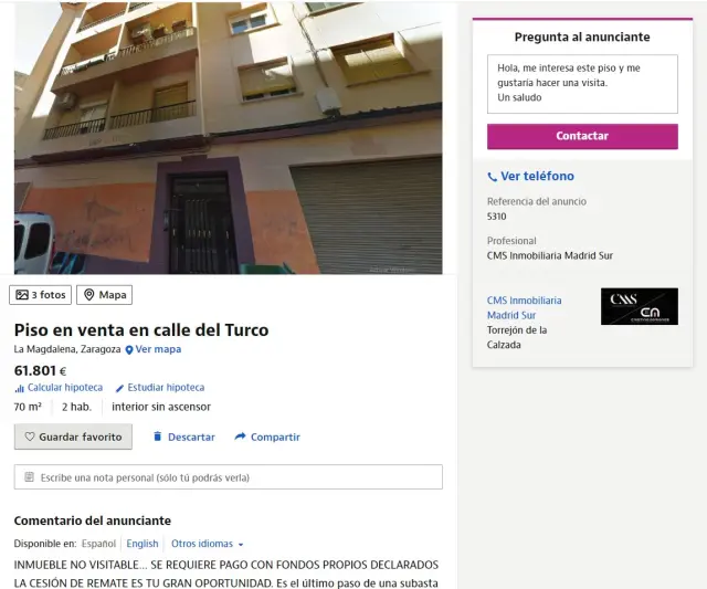 Un anuncio de un piso de subasta a la venta en Zaragoza.