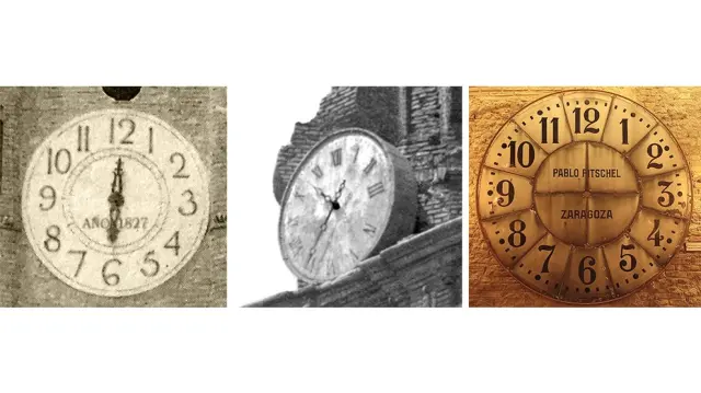 De izquierda a derecha: Última esfera del reloj de la Torre Nueva. Esfera del reloj de San Felipe colocada en 1899. Última esfera del reloj de San Felipe, hoy conservada en Montal.