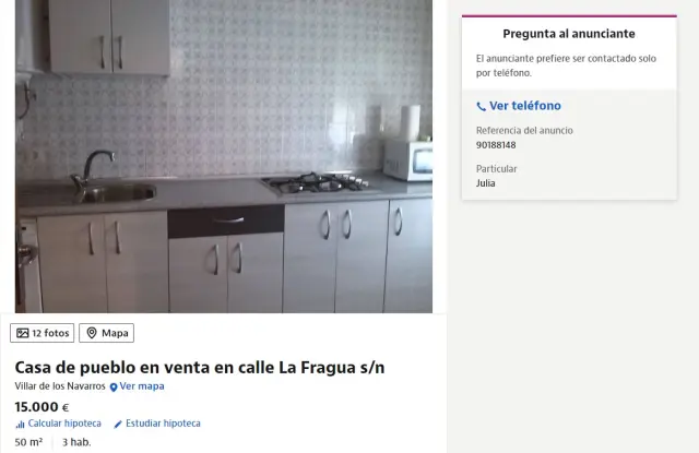 Anuncio de una casa a la venta en buen estado por 15.000 euros en un pueblo de Zaragoza.