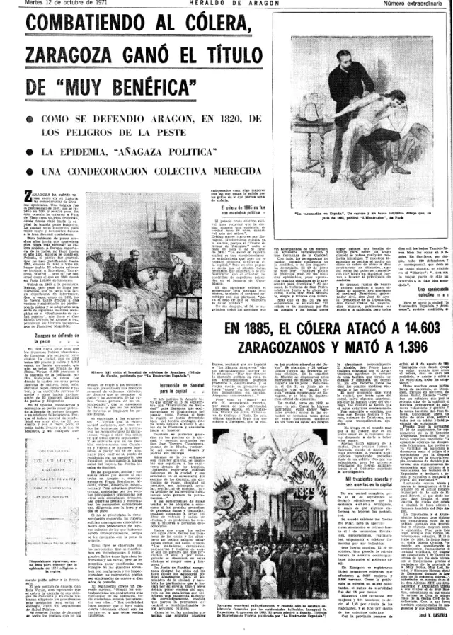 Heraldo de Aragón recordaba en 1971 la epidemia de cólera que azotó a Zaragoza en 1885.