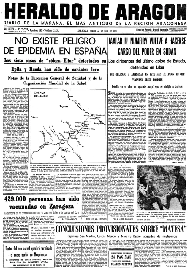 Portada de Heraldo de Aragón del día 23 de julio de 1971 con motivo de los casos de cólera en Zaragoza.