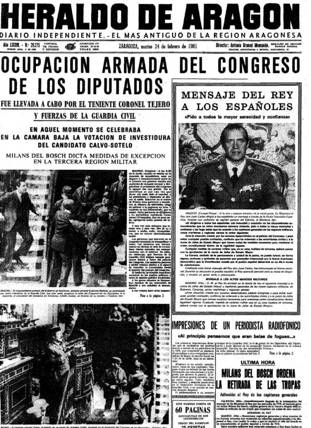 Portada de Heraldo de Aragón del 24 de febrero de 1981 con la información sobre el golpe de estado y las palabras del Rey Juan Carlos I.