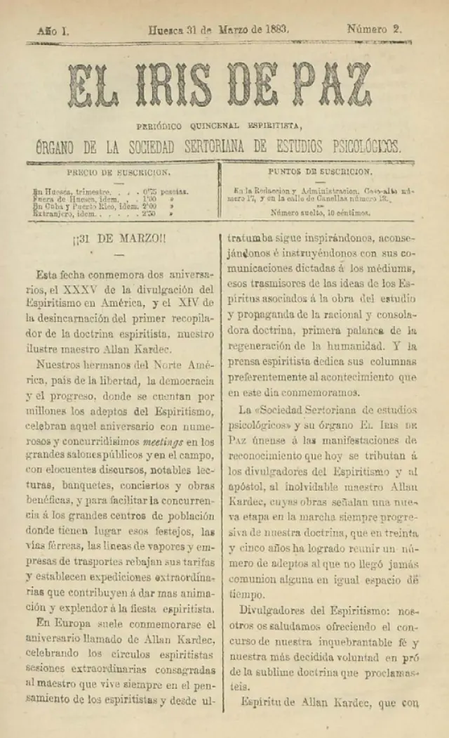 Portada del periódico espiritista 'Iris de Paz', que se publicaba en Huesca a mediados del siglo XIX.
