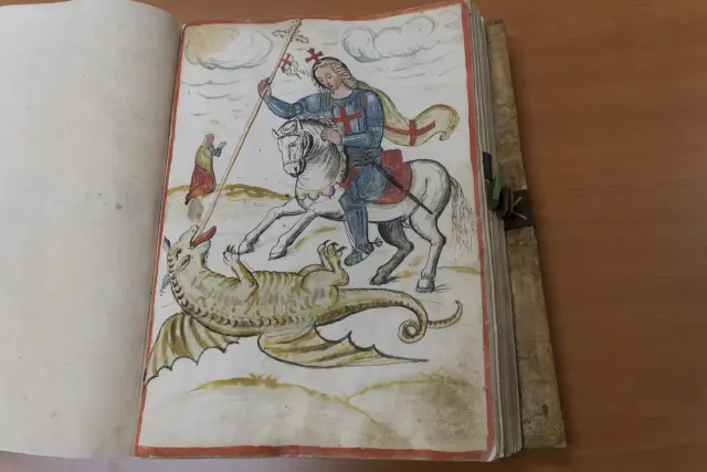 Ilustración de San Jorge del manuscrito sobre Teruel del siglo XVII
