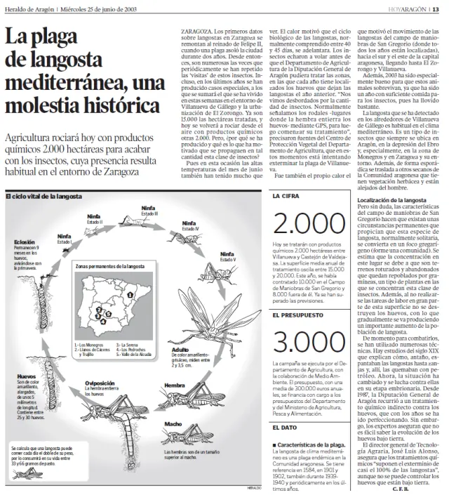 Página de Heraldo de Aragón de 2003 que recoge la noticia de la plaga de langostas en San Gregorio.