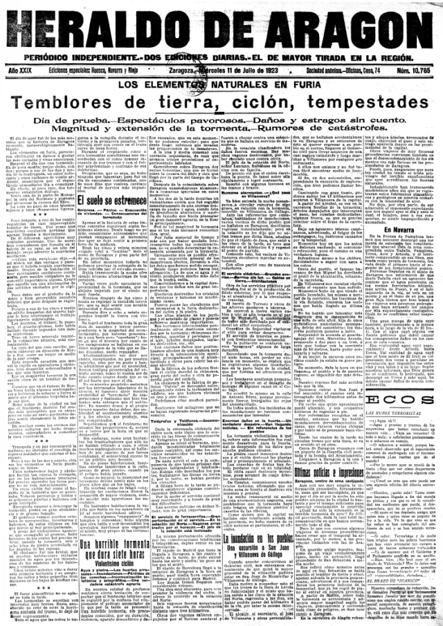 Portada de Heraldo de Aragón donde se relata el terremoto ocurrido en Martes en 1923.