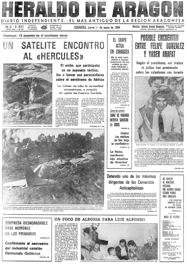 Portada de Heraldo con el accidente aéreo en Borja en el que murieron 18 militares en 1984.