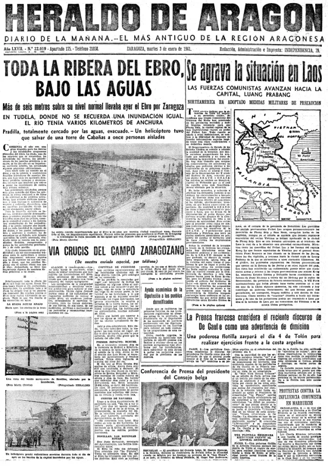 Portada de Heraldo del 3 de enero de 1961 con motivo de la gran riada del Ebro.