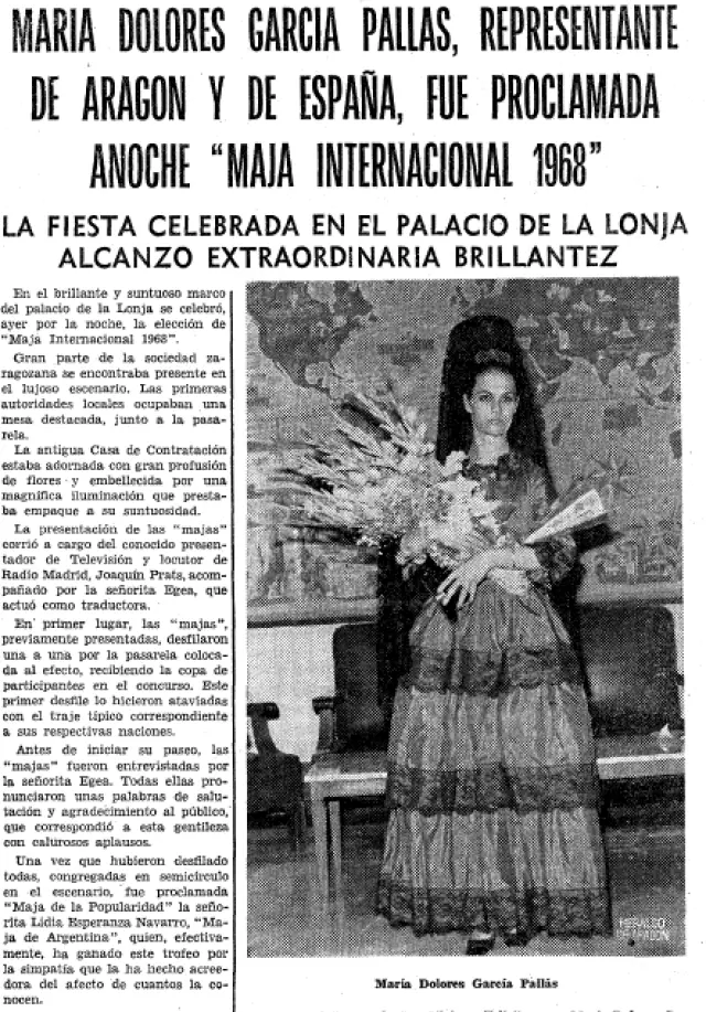 Recorte de la página de Heraldo del 26 de mayo de 1968 en la que fue elegida 'Maja Internacional' la zaragozana María Dolores García Pallás.