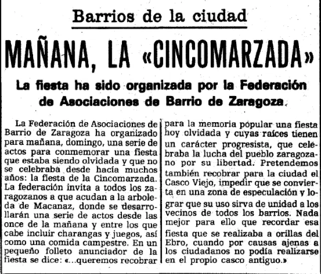 Recorte de la página de HERALDO del 3 de marzo de 1979 donde se anuncia la celebración de la primera Cincomarzada de la democracia.