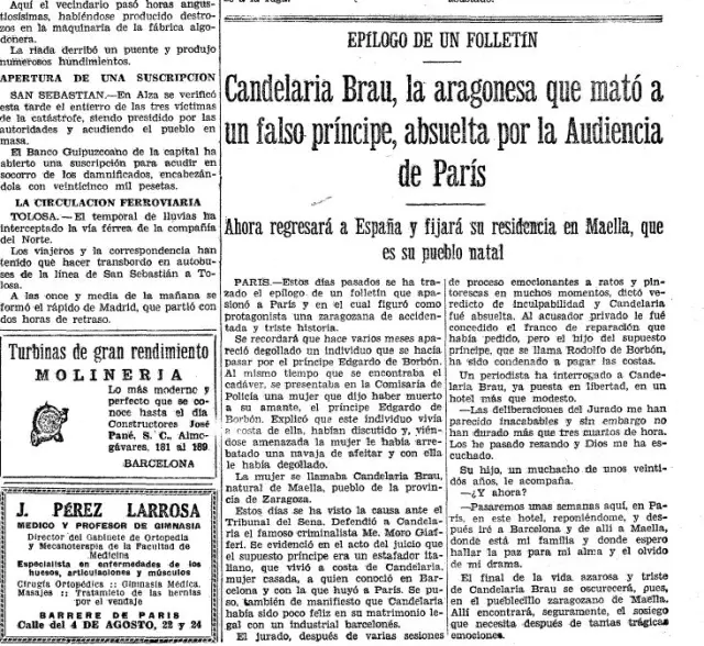 Noticia del juicio a la maellana Candelaria Brau publicada en Heraldo de Aragon el 18 de junio de 1933.