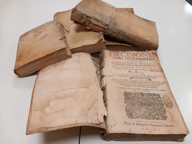 Algunos de los libros provenientes de la biblioteca de la antigua Universidad de Zaragoza que se encuentran en manos de coleccionistas.