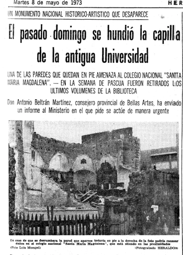 Recorte de una página de Heraldo en la que se da cuenta del hundimiento de la capilla Cerbuna de la antigua Universidad.