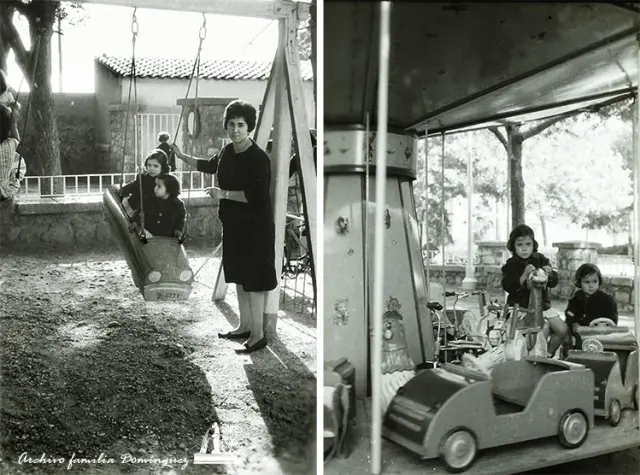 Dos imágenes, verticales, complementarias de Anteayer Fotográfico Zaragozano. Tiovivo y columpios para dos niños con forma de coche, año 1962.