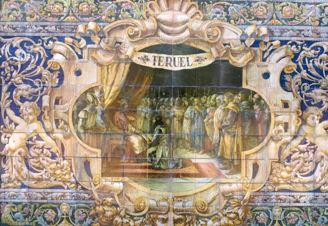 Detalle de la composición cerámica que representa a Teruel en la plaza de España de Sevilla.