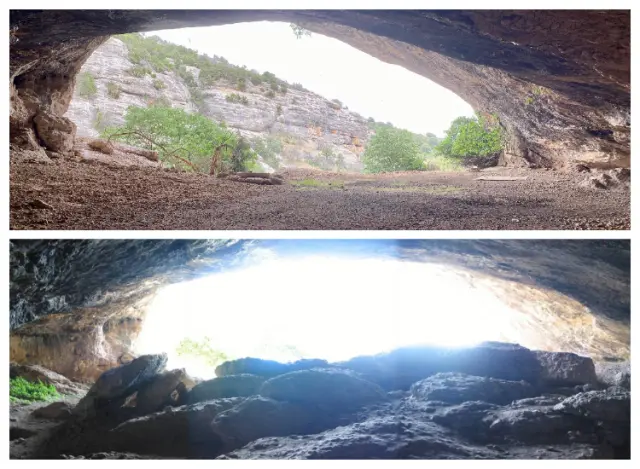 Comparación del estado de la Cueva de Chaves tras su destrucción (arriba) y antes de ser destruida (abajo).