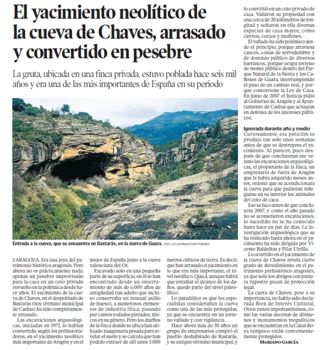 Recorte de la página de HERALDO donde se informa de la destrucción de la Cueva de Chaves en 2007, aunque salió a la luz en 2009.