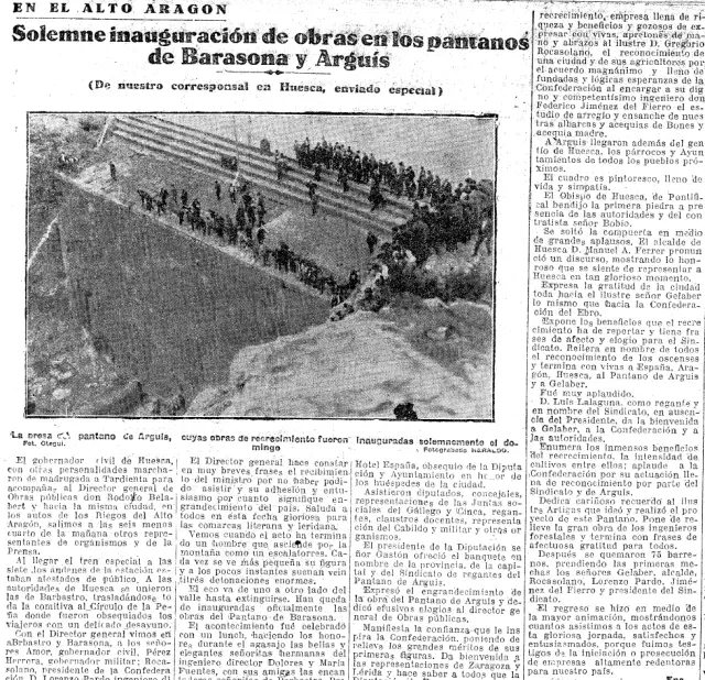 Recorte de una página de Heraldo sobre la inauguración de las obras de recrecimiento del pantano de Arguis, en 1929.