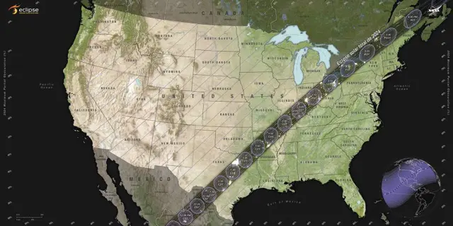 Trayectoria del eclipse total de sol por México, EE. UU. y Canadá.