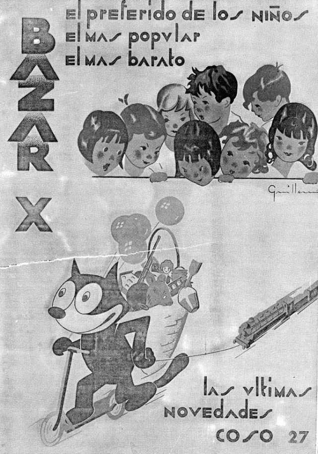 El Gato Félix, en un anuncio diseñado por Guillermo Pérez Bailo en octubre de 1933.