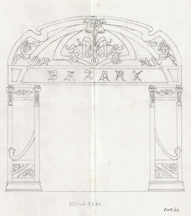 Proyecto de portada modernista para el Bazar X en 1904.