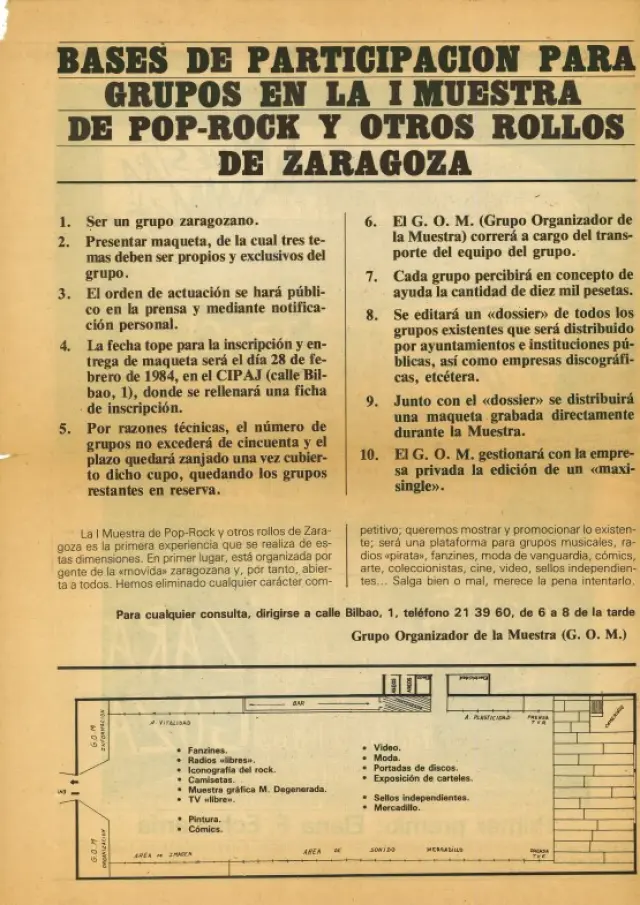 Bases para participar en la Muestra de Pop-Rock y Otros Rollos publicadas por Heraldo de Aragón en 1984