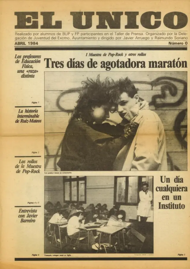 Portada de 'El Único', fruto del taller de prensa organizado por la Delegación de Juventud del Ayuntamiento de Zaragoza en 1984, a través del CIPAJ