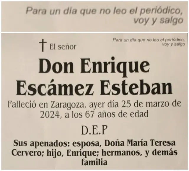Esquela del zaragozano Enrique Escámez.