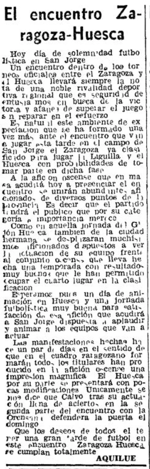 Previa del Heraldo de Aragón del Huesca-Real Zaragoza de 1951.