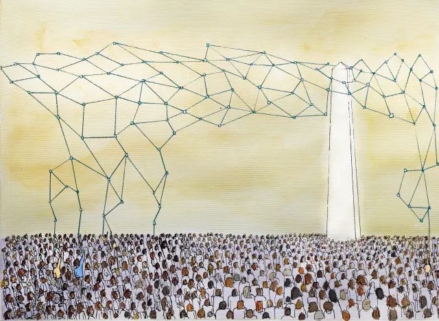 La obra ‘People and Ivory Tower AI 2’ representa una red neuronal que sale de lo alto de una torre de marfil, metáfora del lugar donde se toman las decisiones, sobre una multitud. Un ejemplo de formas alternativas de retratar la IA.