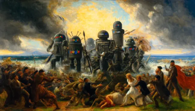 Interpretación de GPT-4o de una batalla entre Google y OpenAI por la supremacía de la IA en estilo pictórico del siglo XIX