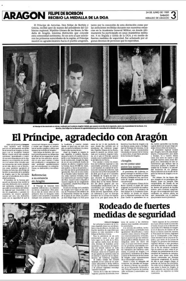 El Príncipe de Asturias recogió la máxima distinción del Gobierno aragonés cuando ya había completado su formación castrense, el 23 de junio de 1989