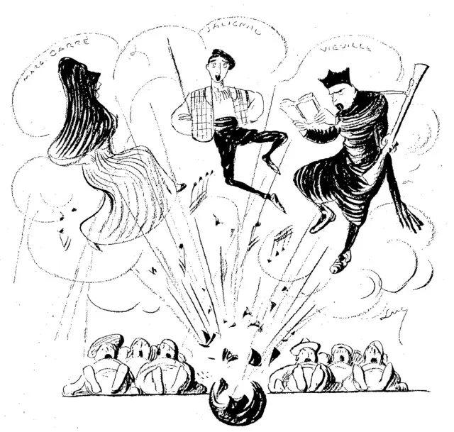 Esta caricatura de Luc reúne los elementos más representativos de la ópera ‘La jota’, estrenada en París en 1911 y ambientada en Ansó. En la coreografía de Marie-Thérèse Gamalery, apodada Madame Mariquita, no faltan las cabriolas o batudas, ese salto característico de la jota que cautiva a los coreógrafos extranjeros.
