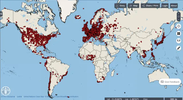 Mapa de la expansión del virus de la gripe aviar H5N1 desde enero de 2022, obtenido con la herramienta Empres-i de la FAO.