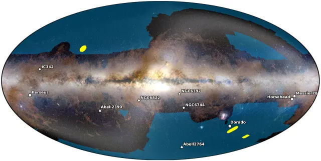 Este mapa del cielo muestra las ubicaciones de los diez primeros objetos astronómicos en los que se centró la misión espacial Euclid de la ESA.