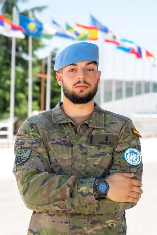 El militar aragonés Samuel Velilla Mínguez, ayer en la sede de la Brigada del Líbano XLI formada por la Brigada aragon en la Base Miguel de Cervantes.
