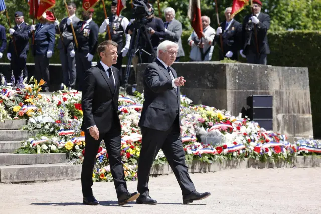 Oradour-sur-glane (France), 10/06/2024.- French President Emmanuel Macron (L) and German President Frank-Walter Steinmeier (R) walk during the 80th anniversary of the massacre of 643 persons by Nazi German forces, in Oradour-sur-Glane, southwestern France, 10 June 2024. On 10 June 1944, just four days after the Allied forces landed on the Normandy coast on D-Day, 643 inhabitants, including 247 children, were massacred in the village of Oradour-sur-Glane in southwestern France, by German Waffen-SS soldiers belonging to the 2nd SS Panzer Division 'Das Reich'. (Francia, Normandía) EFE/EPA/LUDOVIC MARIN / POOL MAXPPP OUT
