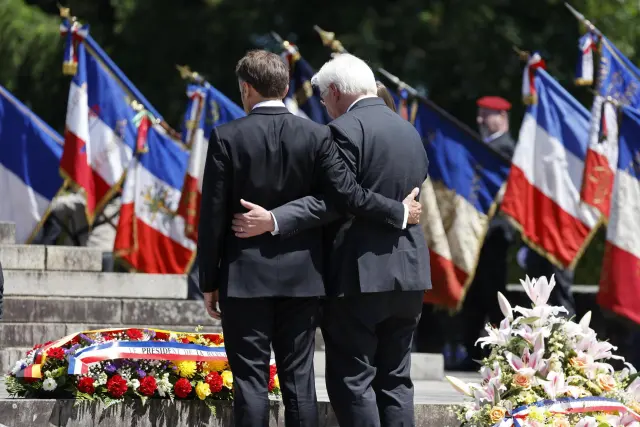Oradour-sur-glane (France), 10/06/2024.- French President Emmanuel Macron (L) and German President Frank-Walter Steinmeier stand together as they pay their respects during a ceremony marking the 80th anniversary of the massacre of 643 persons by Nazi German forces, in Oradour-sur-Glane, southwestern France, 10 June 2024. On 10 June 1944, just four days after the Allied forces landed on the Normandy coast on D-Day, 643 inhabitants, including 247 children, were massacred in the village of Oradour-sur-Glane in southwestern France, by German Waffen-SS soldiers belonging to the 2nd SS Panzer Division 'Das Reich'. (Francia, Normandía) EFE/EPA/LUDOVIC MARIN / POOL MAXPPP OUT