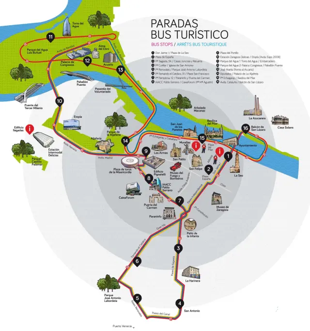 Paradas del bus turístico de Zaragoza 2024