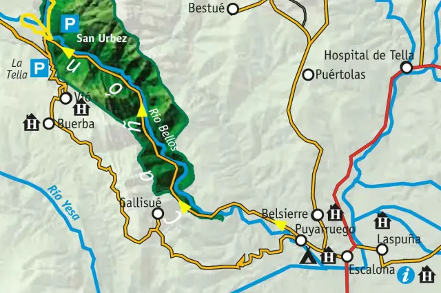 Mapa del sentido de circulación de dirección única de la carretera de acceso al fondo del cañón de Añisclo.