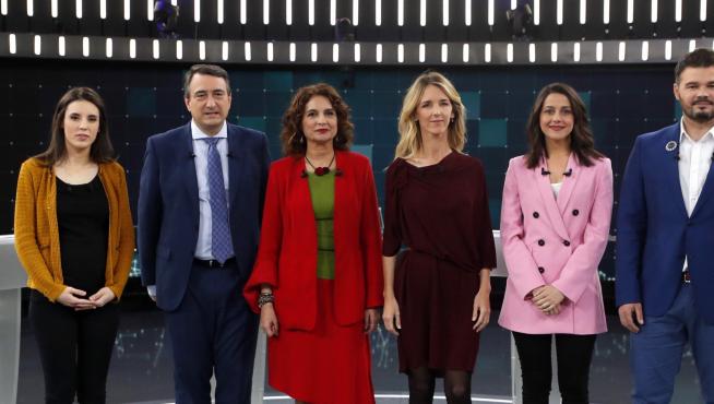 Los representantes de Unidas Podemos, PNV, PSOE, PP, Cs y ERC en el debate de RTVE.
