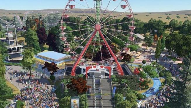 Vista general del Parque de Atracciones de Zaragoza recreada en el videojuego Planet Coaster